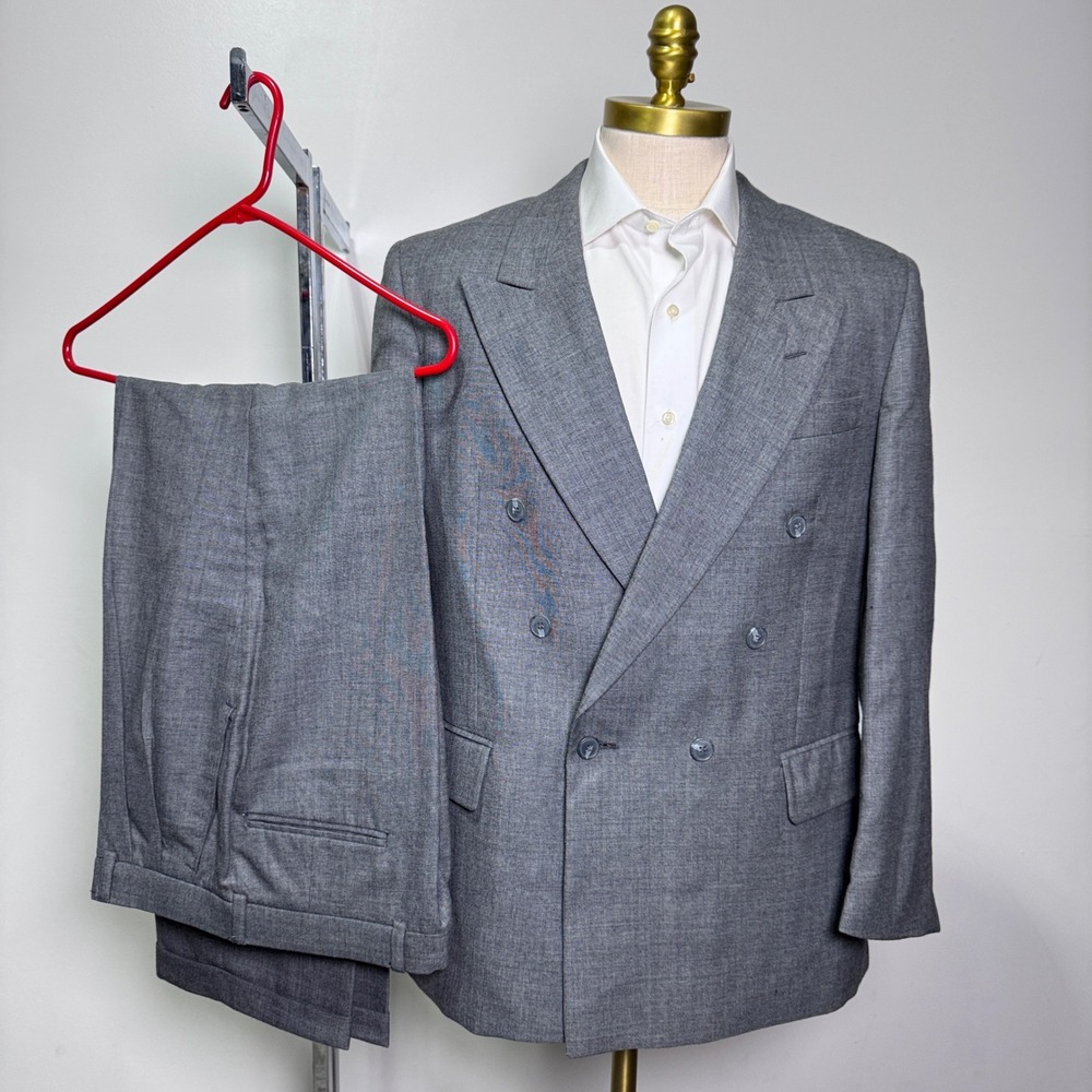 Vintage Potomac Men Grey 100% Wool‎ Double Breasted Suit 41R 32W Peak Lapel